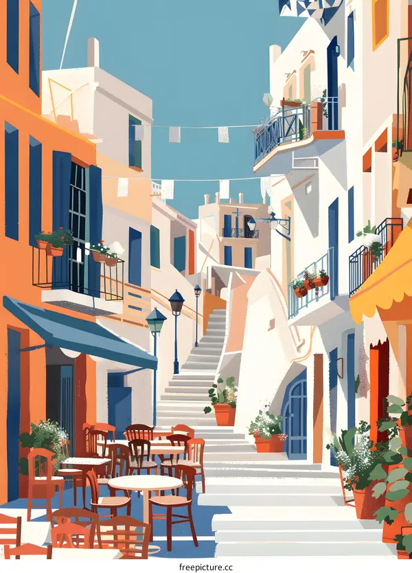 Colorful Illustration of a Mediterranean Street with Stairs and a Cafe