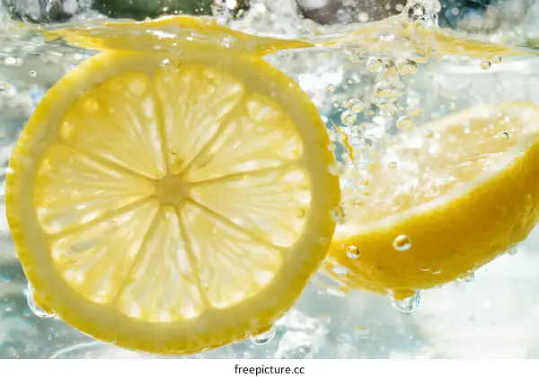 Two lemon slices floating in clear water with bubbles