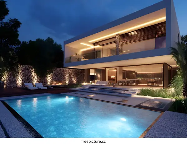 Modern Villa with Swimming Pool at Night