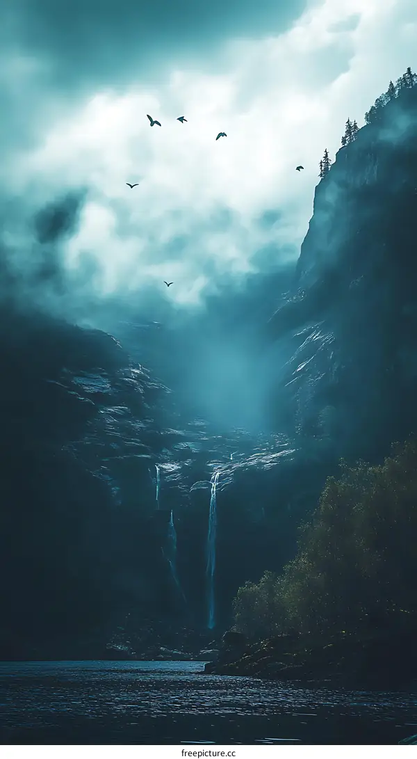 Misty Mountain Waterfall with Birds in the Sky