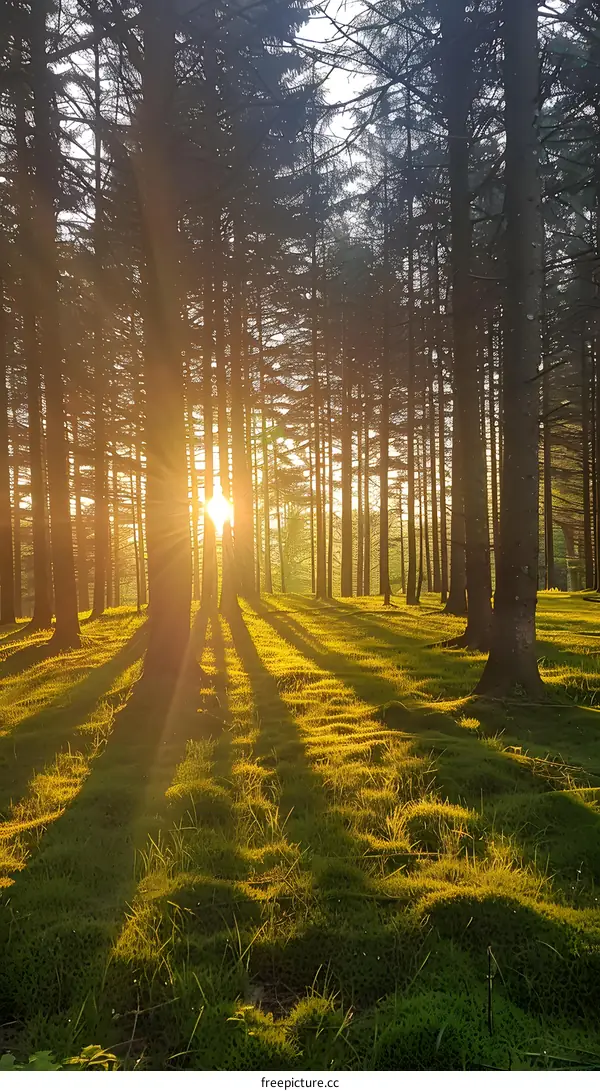 Sunrise through Pine Trees in Forest
