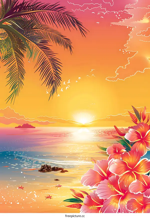 Tropical Sunset Beach with Palm Trees and Hibiscus Flowers