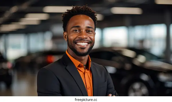 Portrait of a successful African American car salesman standing in a car dealership showroom