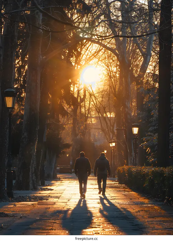 Two Men Walking Towards Sunset in a Park