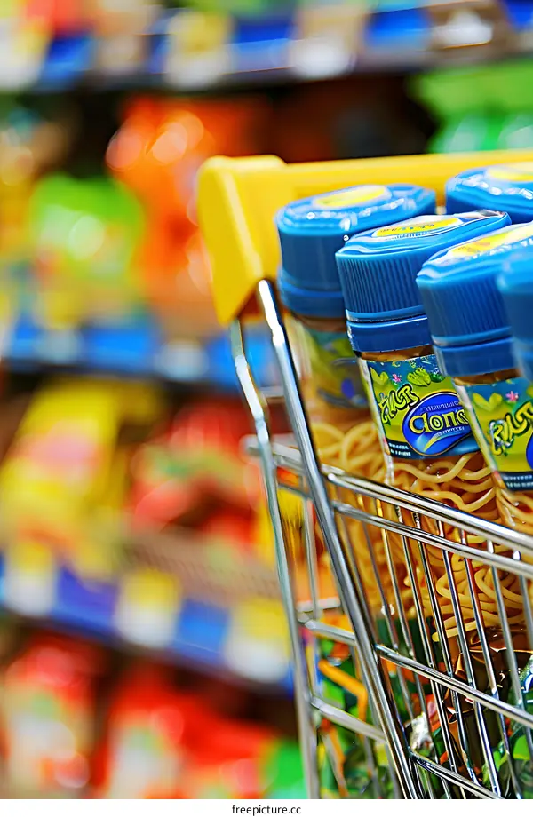 Shopping Cart Full of Noodles in a Supermarket