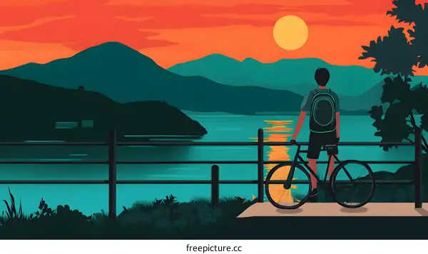 Silhouette of a Man with Backpack Looking at Sunset Landscape