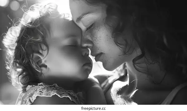 Black and white portrait of a mother and her child