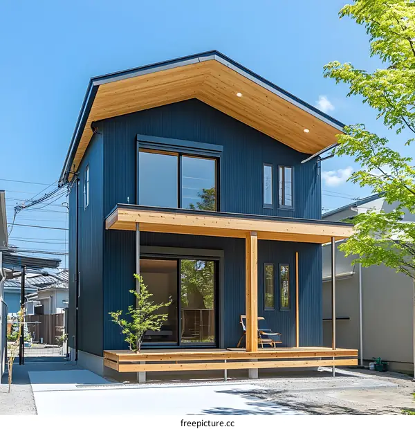 Modern Blue House with Wooden Deck and Front Yard