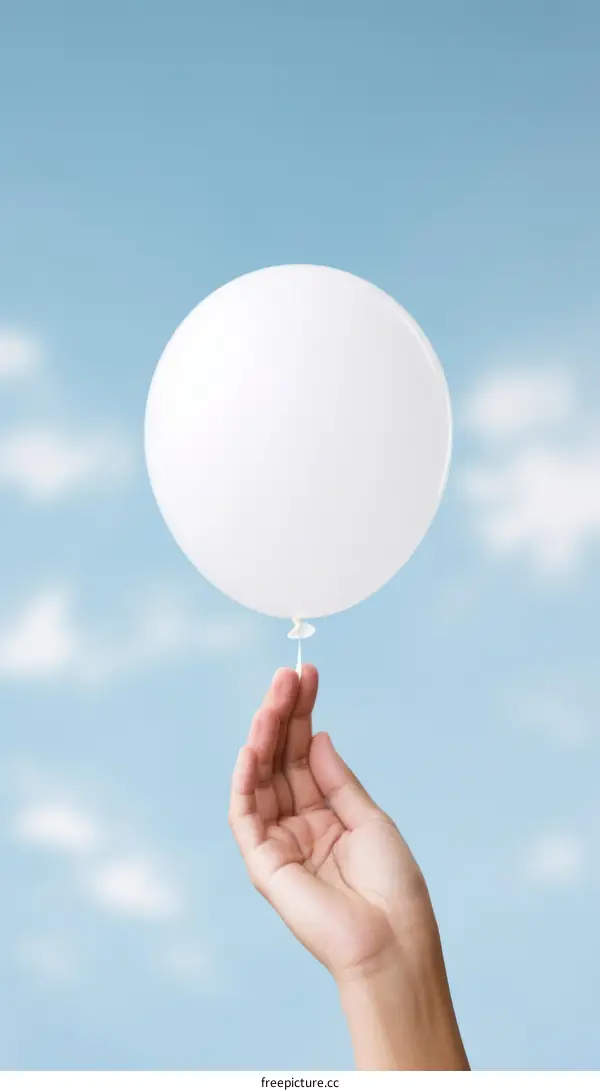 Hand holding a white balloon with a cloudy blue sky in the background