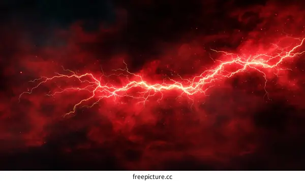 Red Lightning Striking Through Dark Clouds