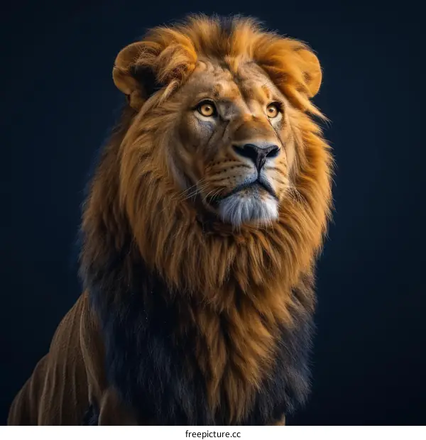A majestic lion with a golden mane sits against a dark background