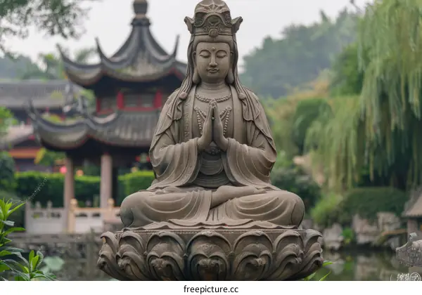 Stone statue of Guanyin, the goddess of compassion, mercy, and kindness