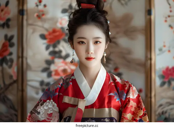 Portrait of a young woman in traditional Korean dress, or hanbok