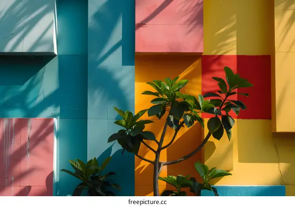 Colorful Wall With Green Plants And Shadows