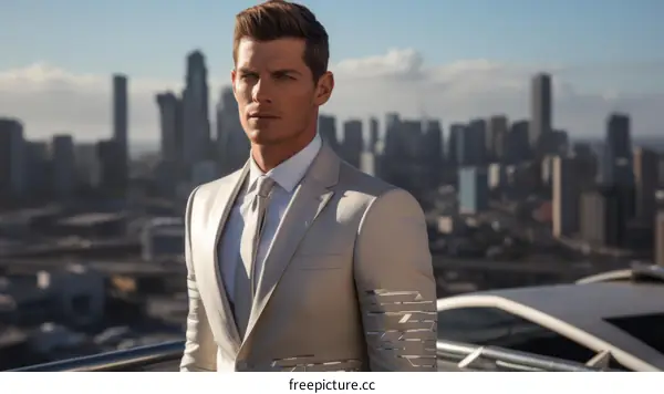 A man in a white suit standing on a rooftop overlooking a city