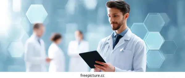 Medical Professional Using Tablet in Modern Clinic Setting