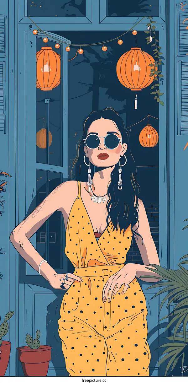 Woman Wearing Polka Dot Jumpsuit Standing Near Window with Lanterns