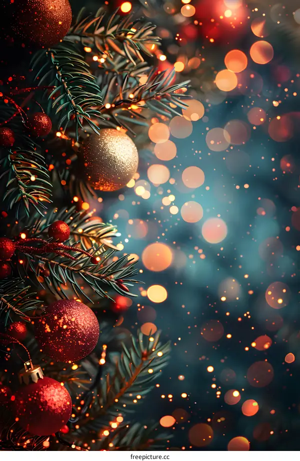 Christmas Tree With Red And Gold Ornaments And Lights