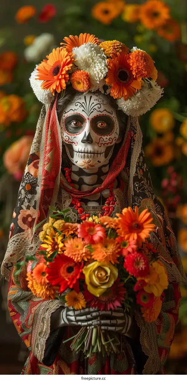 A woman wearing a traditional Mexican skull face paint and a flower crown