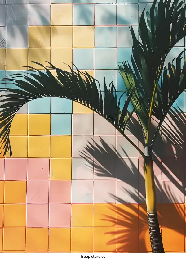 Palm Tree Shadow on Colorful Tiled Wall