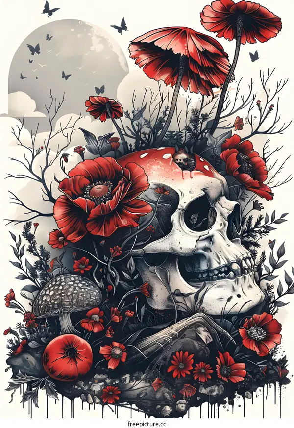 Floral Skull with Mushrooms