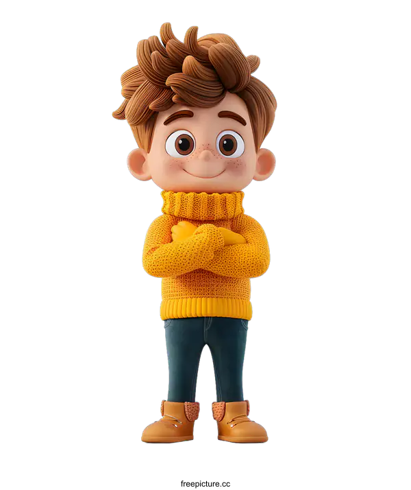 [Transparent Background PNG]Smiling Cartoon Boy in Yellow Sweater and Jeans
