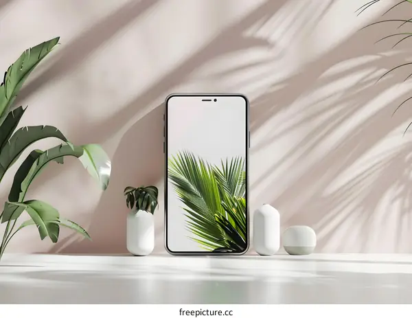Minimalist Phone Mockup With Green Plants And Shadows On A White Table