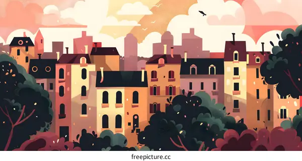 Cityscape Illustration with Houses and Trees