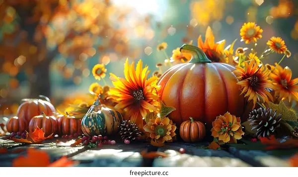 Pumpkins and sunflowers