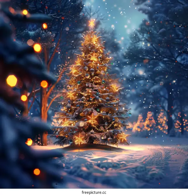 Christmas Tree Shining in the Snowy Night