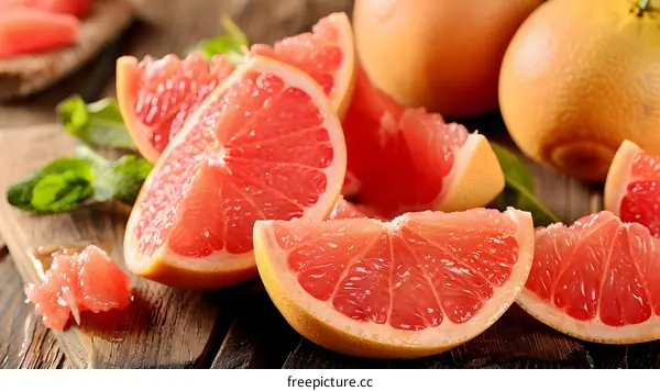 Fresh Sliced Grapefruit on Wooden Table