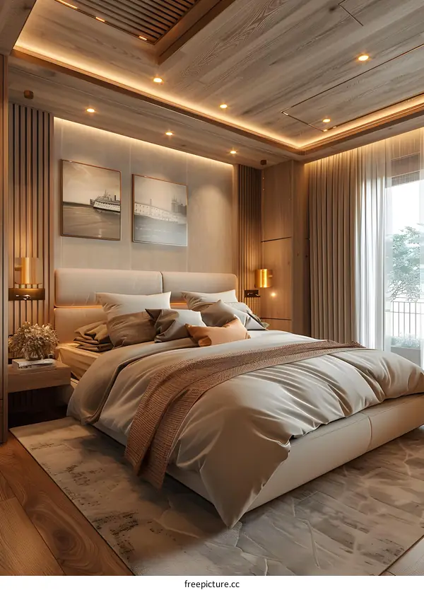 Wooden Bed with Bedside Table in Modern Bedroom