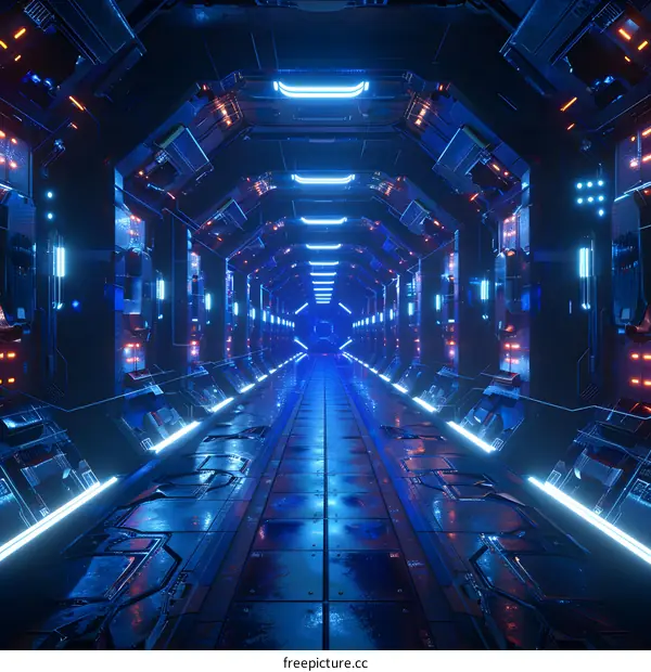 Futuristic spaceship sci-fi corridor interior with glowing blue neon lights