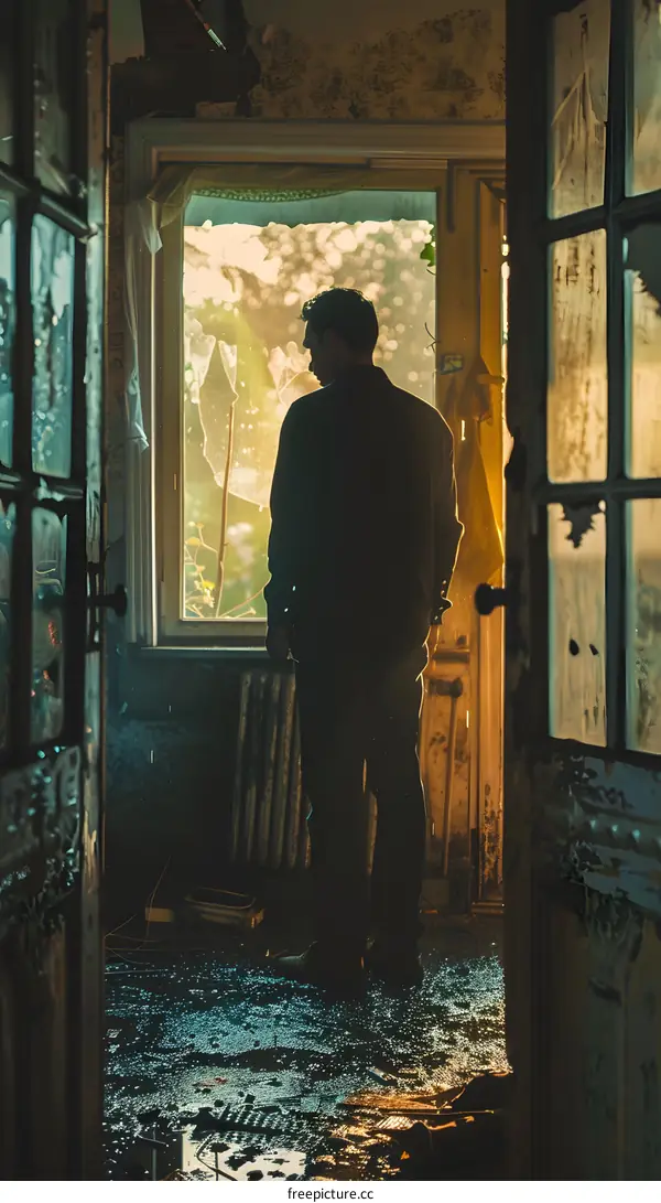 Man standing in a room with broken windows