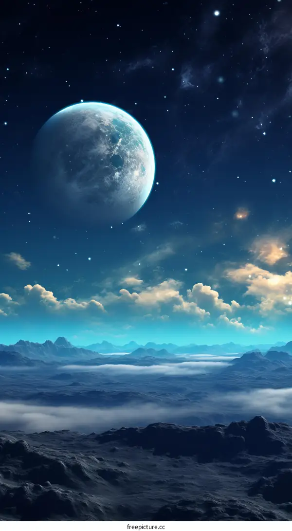 Ethereal Fantasy Landscape with a Blue Moon and Starry Sky