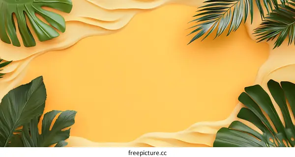 Tropical Leaves Background with Yellow Sand