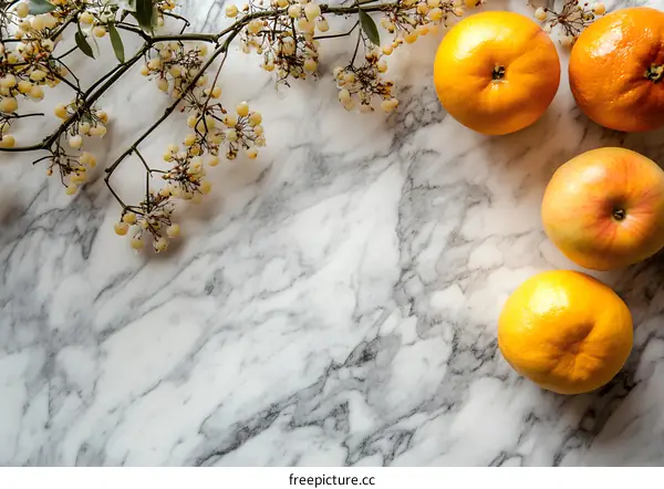 Marble Surface with Fruit and Greenery