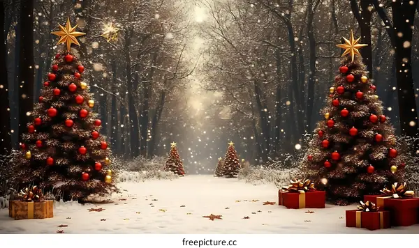 Christmas Tree in Snowy Forest Scene