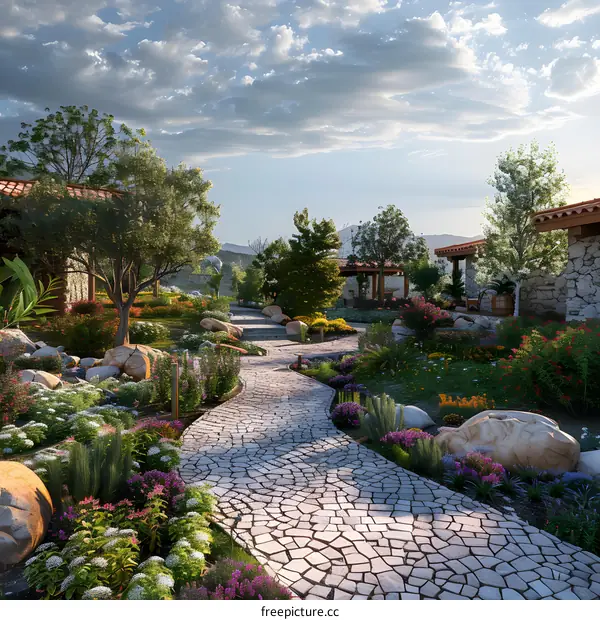 Stone path through a beautiful garden with flowers and greenery