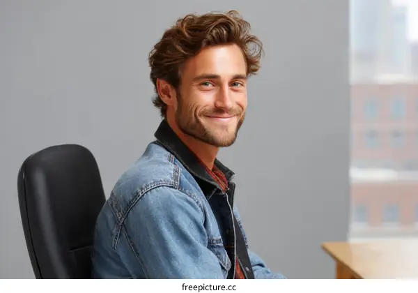 Smiling Man in Denim Jacket Studio Portrait
