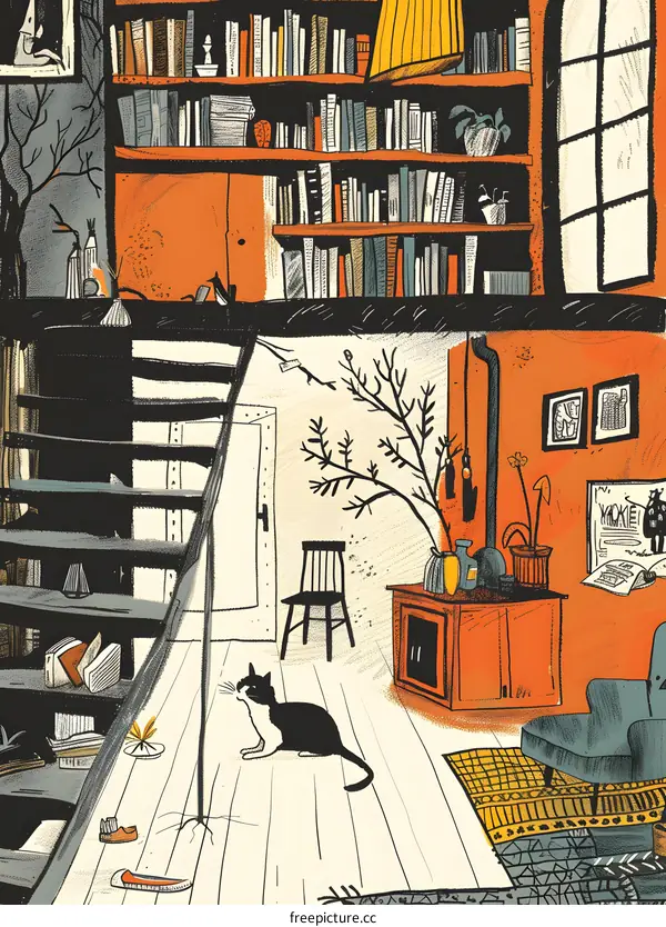 Cat Sitting In A Cozy Living Room With Bookshelves