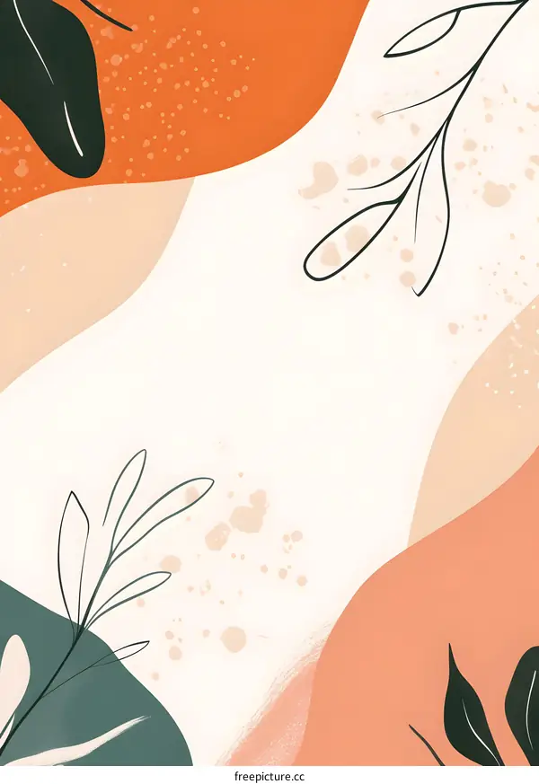 Abstract Minimalist Green and Orange  Illustration with Leaves and Splashes