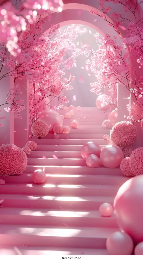 Pink Dreamy Stairs With Cherry Blossom And Balls