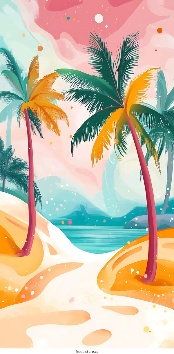 Palm Trees on Beach with Colorful Sky