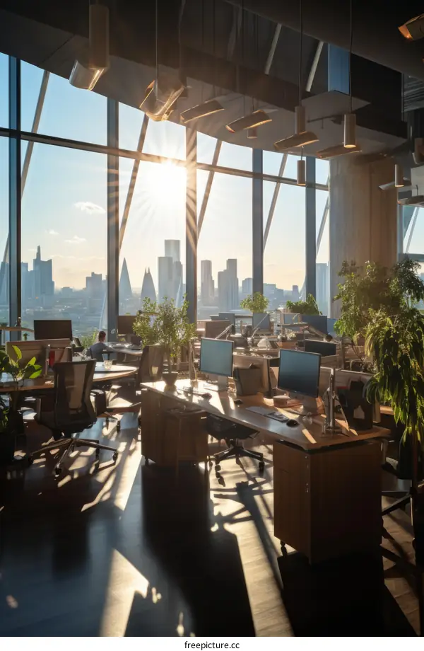 Office interior with large windows and city view