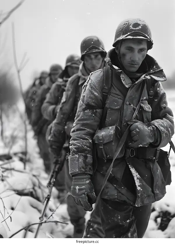 Black and white photo of a group of soldiers in the snow
