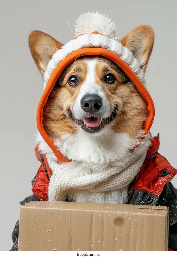 A cute corgi dog wearing a winter hat and scarf