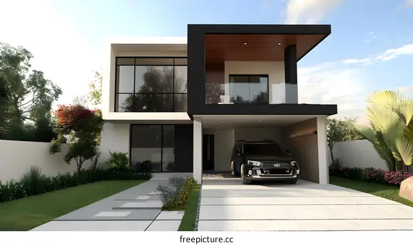 Modern Two Story House with Garage and Balcony