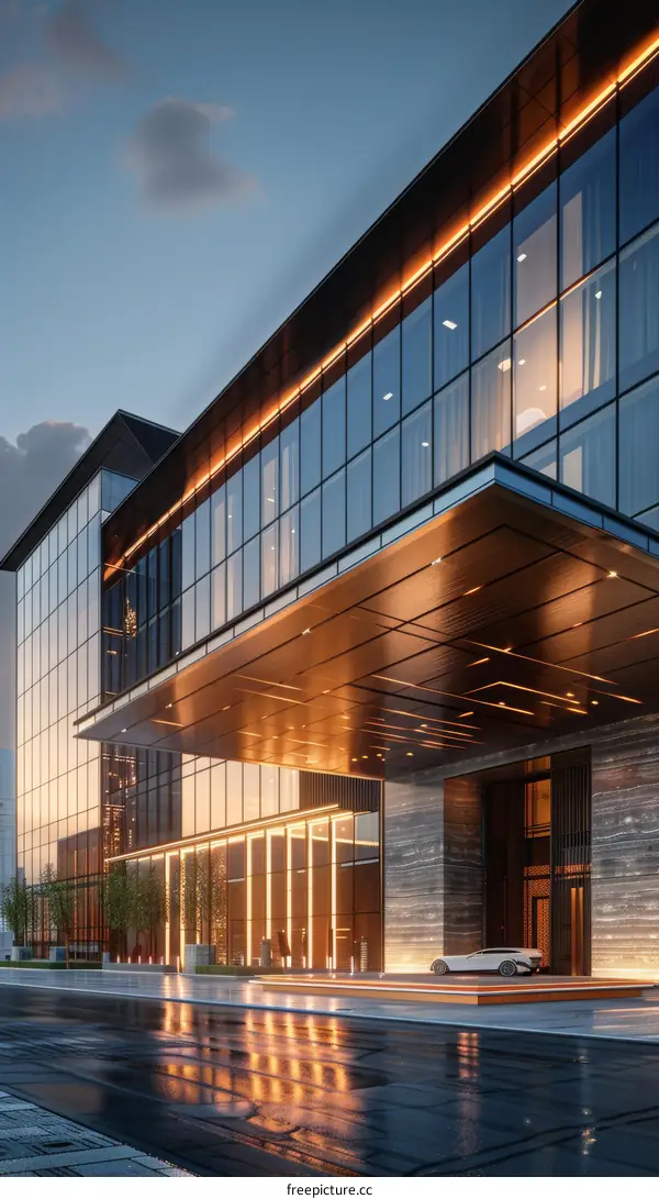 Modern Building Facade with Glass Panels and Warm Lighting