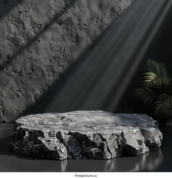 Gray stone podium with palm leaf on dark background. 3d rendering.